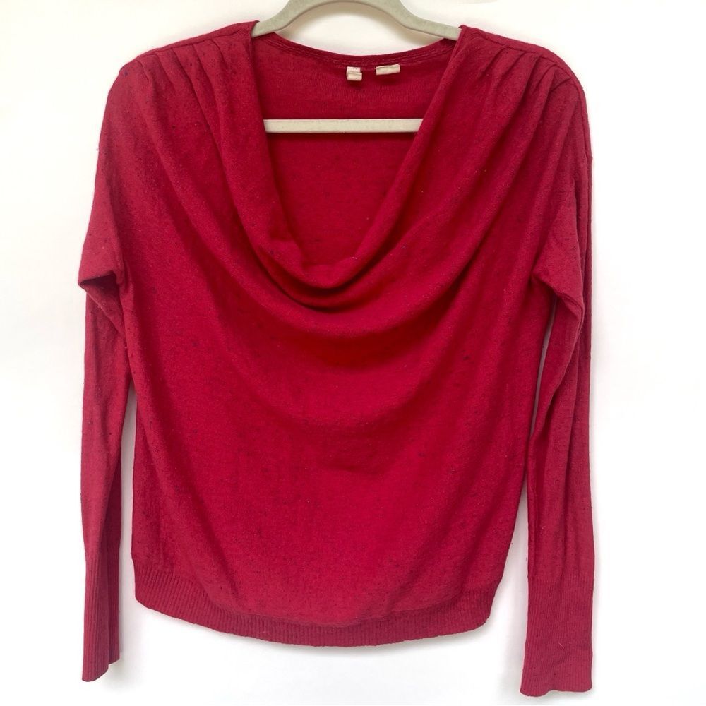 Anthropologie Moth Red Cowlneck Top with Blue Dot Detailing Size Medium